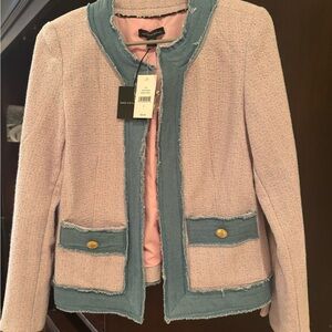 Pink boucle blazer with denim trim